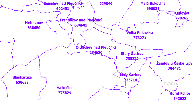 Katastrální mapa Oldřichov nad Ploučnicí - přehledová mapa katastrálního území