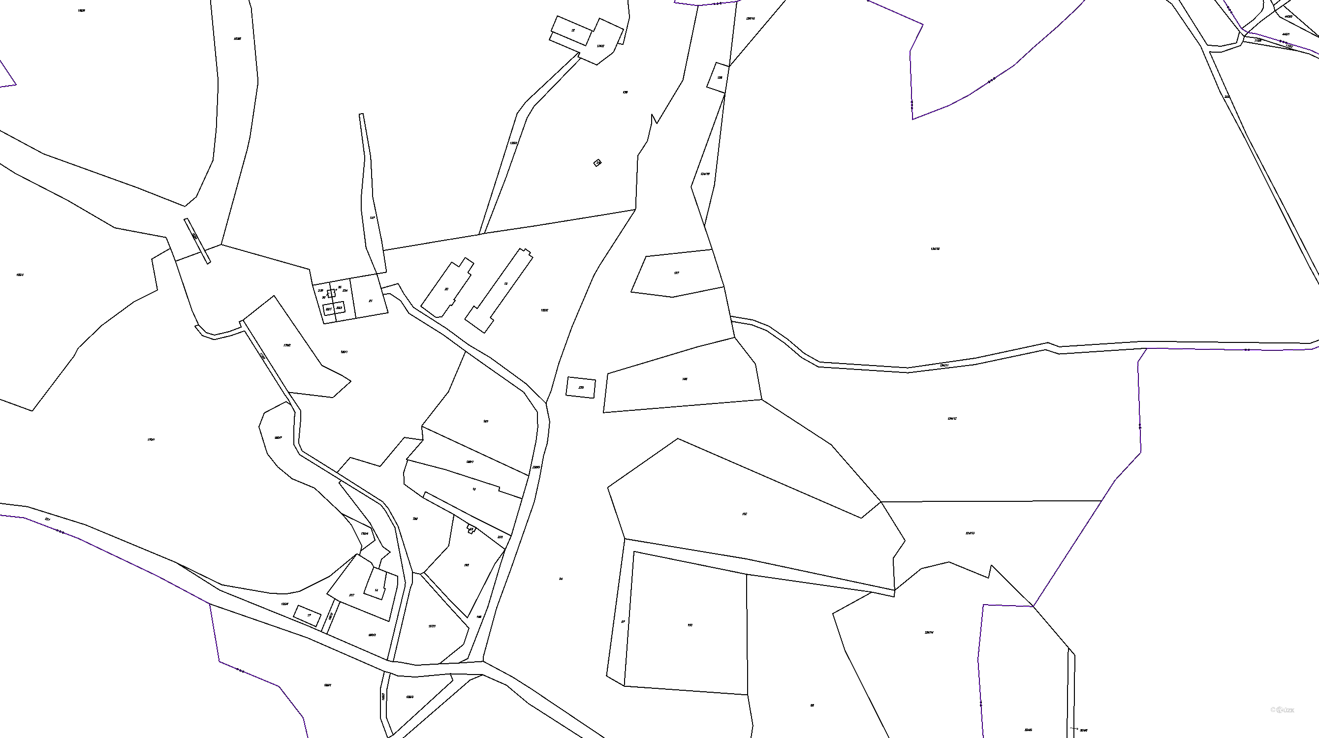 Katastrální mapa pozemků a čísla parcel Jedličná