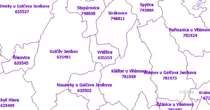Katastrální mapa Vrtěšice - přehledová mapa katastrálního území