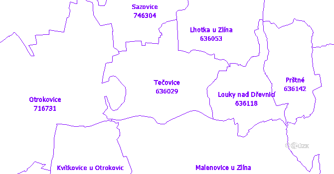 Katastrální mapa Tečovice - přehledová mapa katastrálního území