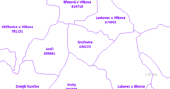 Katastrální mapa Gručovice - přehledová mapa katastrálního území