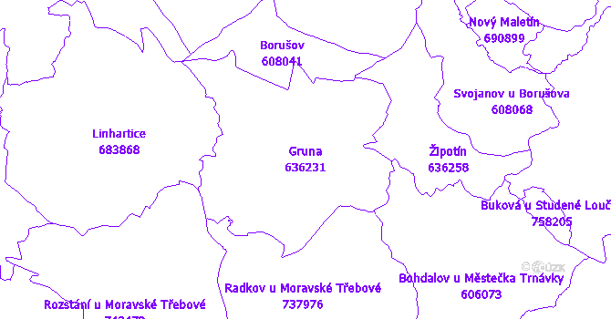 Katastrální mapa Gruna - přehledová mapa katastrálního území