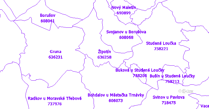 Katastrální mapa Žipotín - přehledová mapa katastrálního území