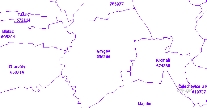 Katastrální mapa Grygov - přehledová mapa katastrálního území