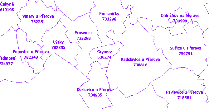 Katastrální mapa Grymov - přehledová mapa katastrálního území