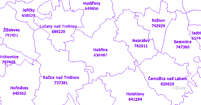 Katastrální mapa Habřina - přehledová mapa katastrálního území
