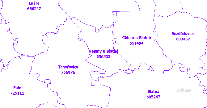 Katastrální mapa Hajany u Blatné - přehledová mapa katastrálního území