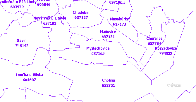 Katastrální mapa Myslechovice - přehledová mapa katastrálního území