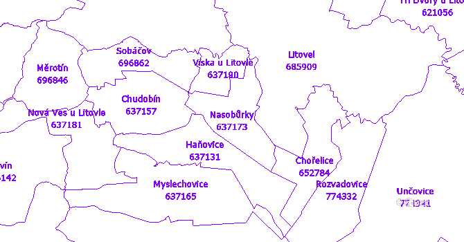 Katastrální mapa Nasobůrky - přehledová mapa katastrálního území