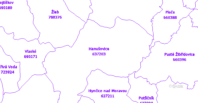 Katastrální mapa Hanušovice - přehledová mapa katastrálního území