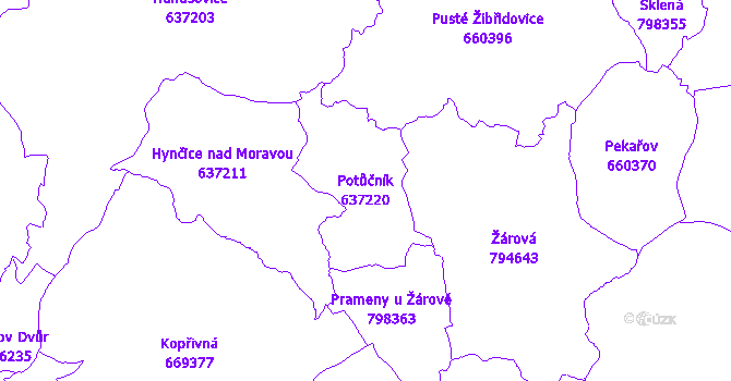 Katastrální mapa Potůčník - přehledová mapa katastrálního území