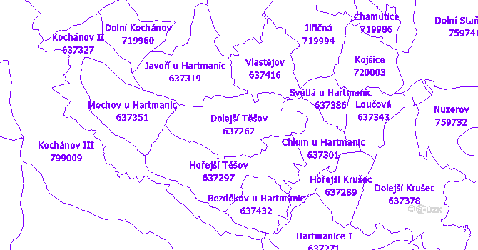 Katastrální mapa Dolejší Těšov - přehledová mapa katastrálního území