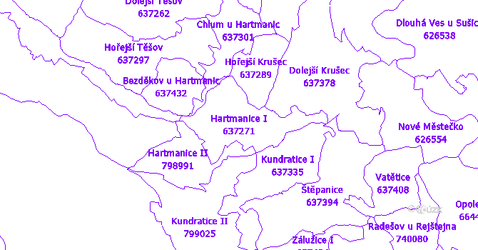 Katastrální mapa Hartmanice I - přehledová mapa katastrálního území