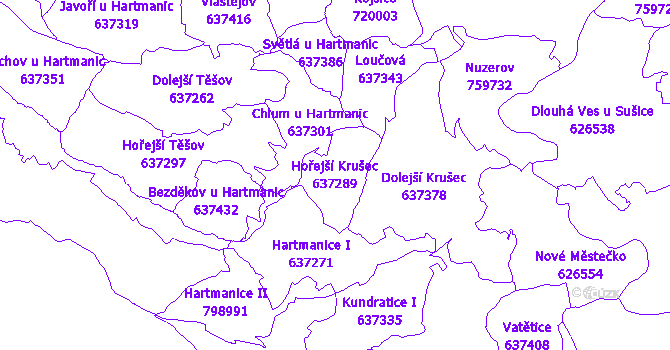 Katastrální mapa Hořejší Krušec - přehledová mapa katastrálního území
