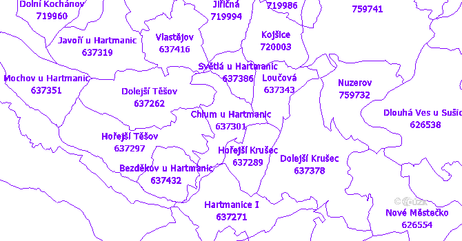 Katastrální mapa Chlum u Hartmanic - přehledová mapa katastrálního území