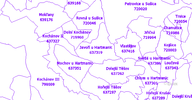Katastrální mapa Javoří u Hartmanic - přehledová mapa katastrálního území