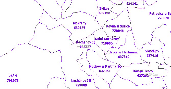 Katastrální mapa Kochánov II - přehledová mapa katastrálního území