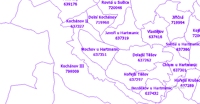 Katastrální mapa Mochov u Hartmanic - přehledová mapa katastrálního území