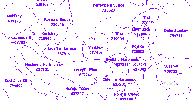 Katastrální mapa Vlastějov - přehledová mapa katastrálního území