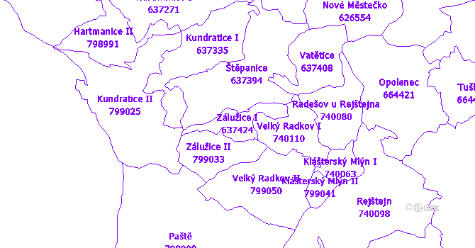 Katastrální mapa Zálužice I - přehledová mapa katastrálního území