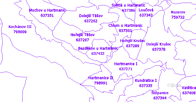Katastrální mapa Bezděkov u Hartmanic - přehledová mapa katastrálního území