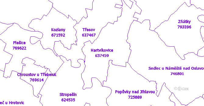 Katastrální mapa Hartvíkovice - přehledová mapa katastrálního území