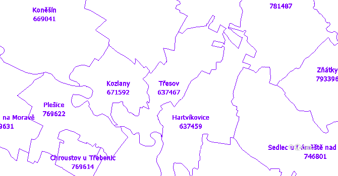 Katastrální mapa Třesov - přehledová mapa katastrálního území