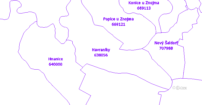 Katastrální mapa Havraníky - přehledová mapa katastrálního území