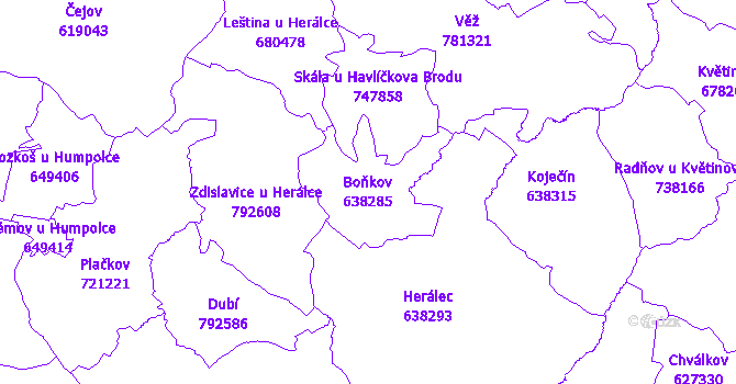 Katastrální mapa Boňkov - přehledová mapa katastrálního území