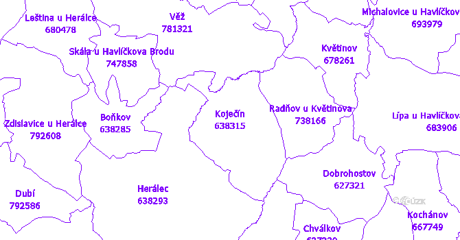 Katastrální mapa Koječín - přehledová mapa katastrálního území