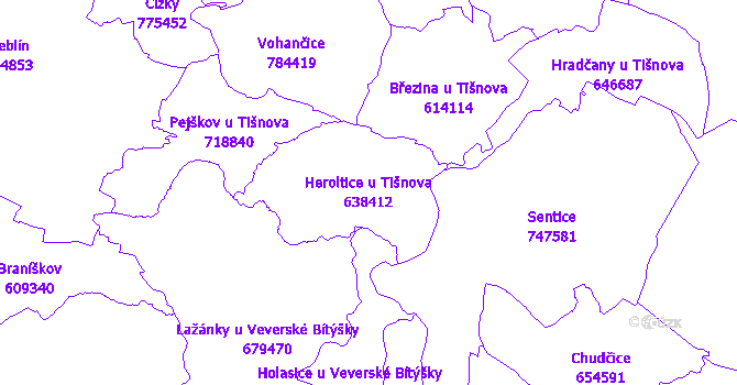 Katastrální mapa Heroltice u Tišnova - přehledová mapa katastrálního území
