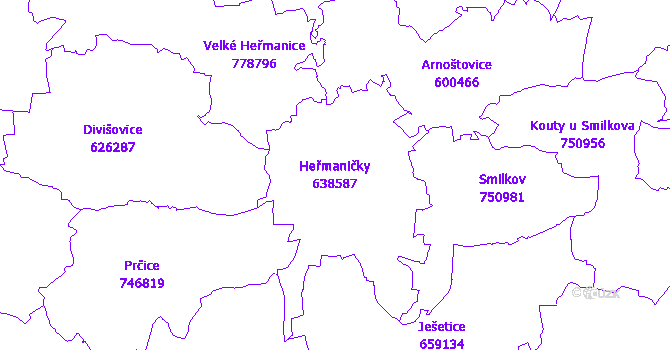 Katastrální mapa Heřmaničky - přehledová mapa katastrálního území