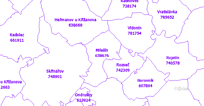 Katastrální mapa Milešín - přehledová mapa katastrálního území
