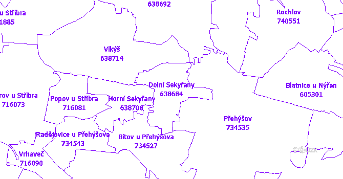 Katastrální mapa Dolní Sekyřany - přehledová mapa katastrálního území