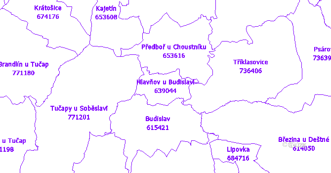 Katastrální mapa Hlavňov u Budislavi - přehledová mapa katastrálního území
