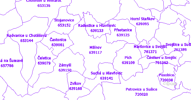 Katastrální mapa Milínov - přehledová mapa katastrálního území