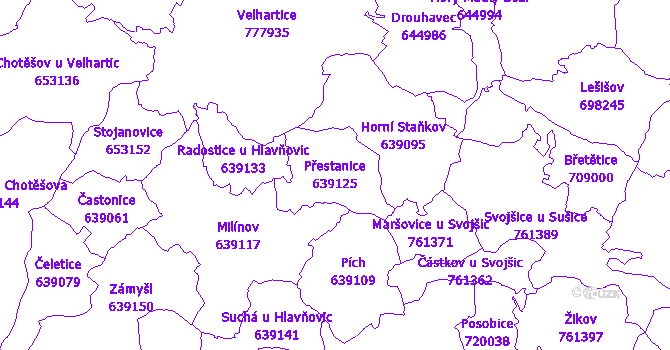 Katastrální mapa Přestanice - přehledová mapa katastrálního území