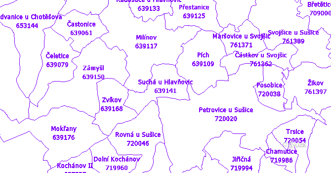 Katastrální mapa Suchá u Hlavňovic - přehledová mapa katastrálního území
