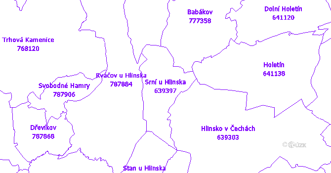 Katastrální mapa Srní u Hlinska - přehledová mapa katastrálního území