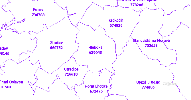 Katastrální mapa Hluboké - přehledová mapa katastrálního území