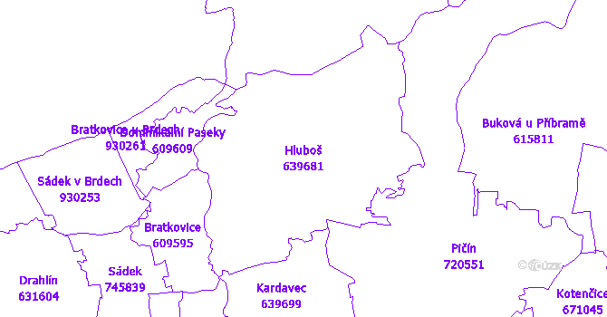 Katastrální mapa Hluboš - přehledová mapa katastrálního území
