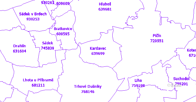 Katastrální mapa Kardavec - přehledová mapa katastrálního území