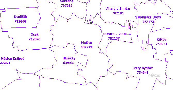 Katastrální mapa Hlušice - přehledová mapa katastrálního území