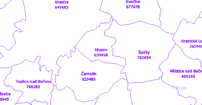 Katastrální mapa Hluzov - přehledová mapa katastrálního území