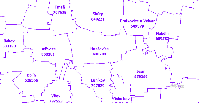 Katastrální mapa Hobšovice - přehledová mapa katastrálního území