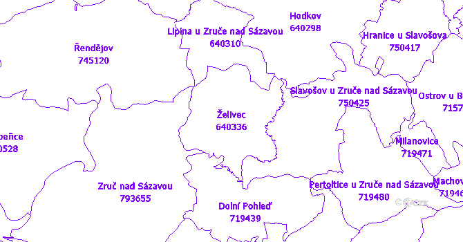 Katastrální mapa Želivec - přehledová mapa katastrálního území