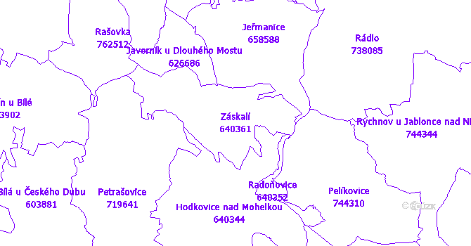 Katastrální mapa Záskalí - přehledová mapa katastrálního území