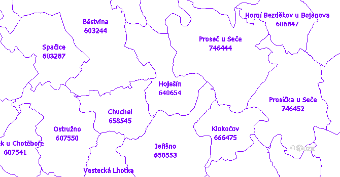 Katastrální mapa Hoješín - přehledová mapa katastrálního území