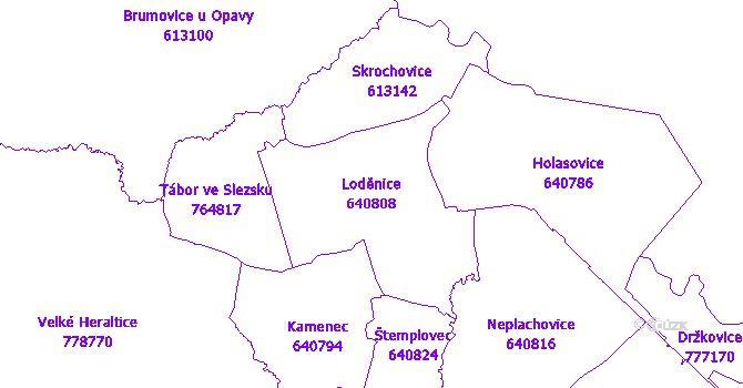 Katastrální mapa Loděnice - přehledová mapa katastrálního území