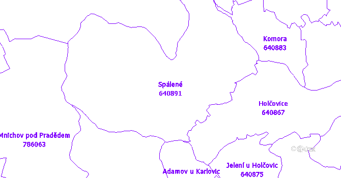 Katastrální mapa Spálené - přehledová mapa katastrálního území